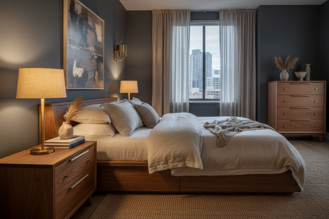 A styled interior room featuring wood, metal, and linen materials layered together for a sophisticated home decor look