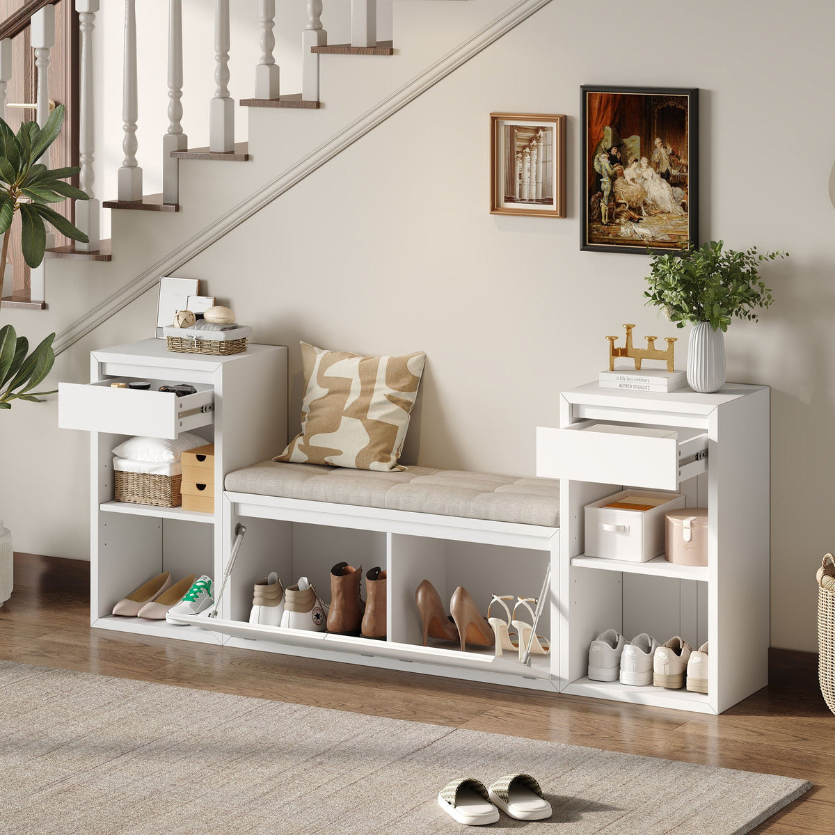 Entryway Storage Bench With Cushion, Drawers & Open Shelves Unique Piece Furniture