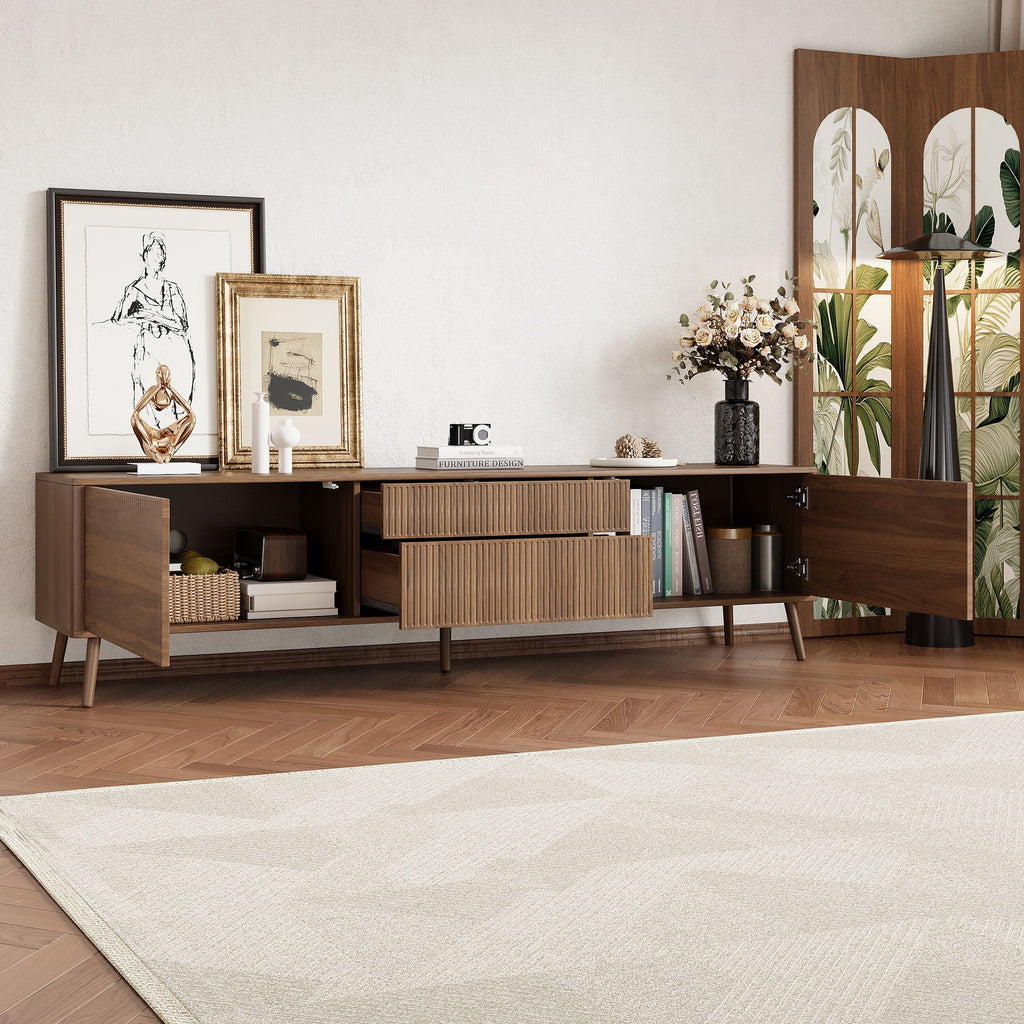 Fluted TV Stand With Storage Drawers And Cabinets For TVs Up To 80", Soft-Close Hinges, Cable Management - Walnut Unique Piece Furniture
