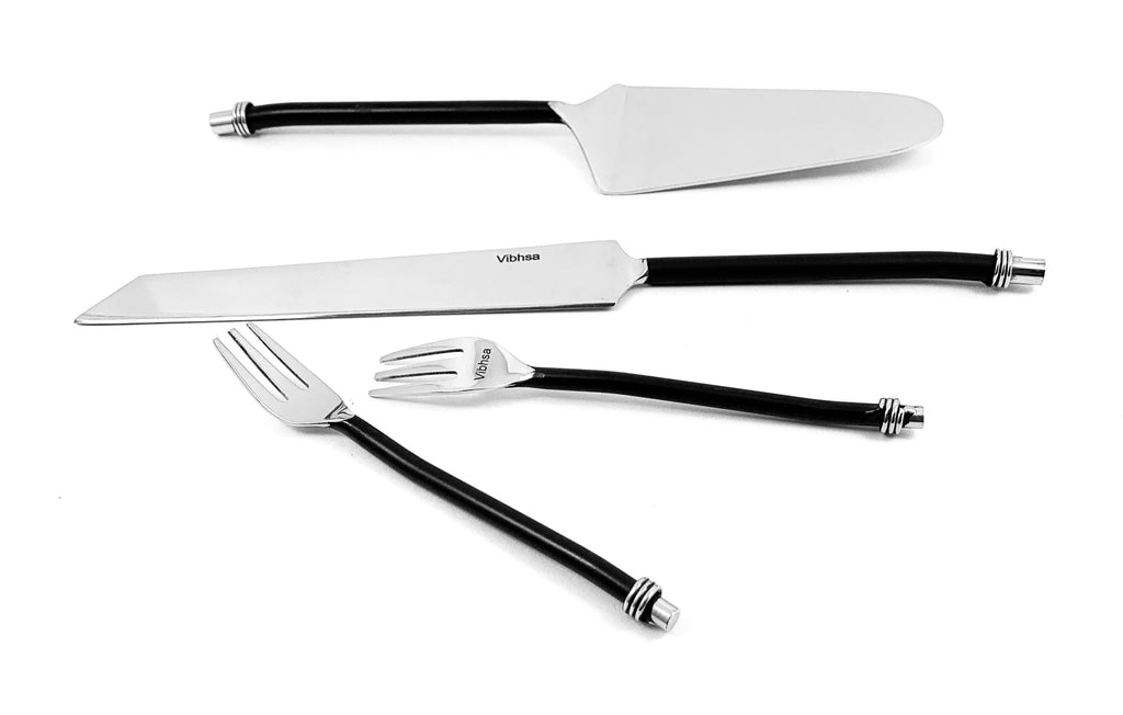 Cake Cutting & Serving Set with Forks (Black, Twisted Handle) Vibhsa