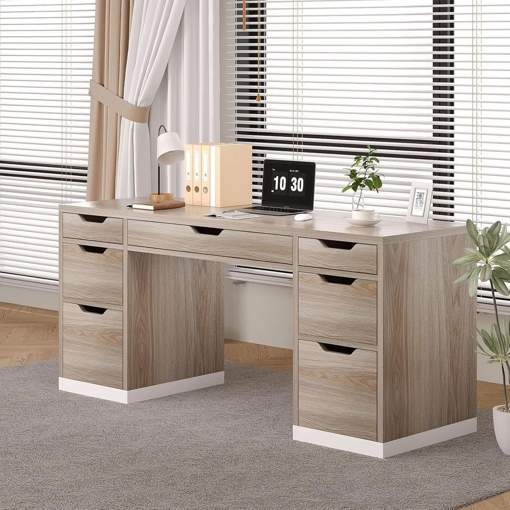 54 Inch Computer Desk With Storage Drawers White Walnut ShipItFurniture