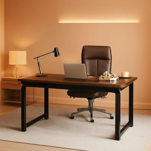 63 Inch Executive Desk Two Tone Brown Black Heavy Duty Frame ShipItFurniture