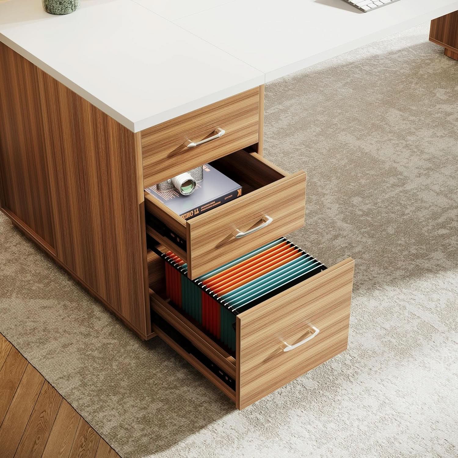 85 Point 8 Inch L-Shaped Executive Desk White Walnut Storage Cabinet ShipItFurniture