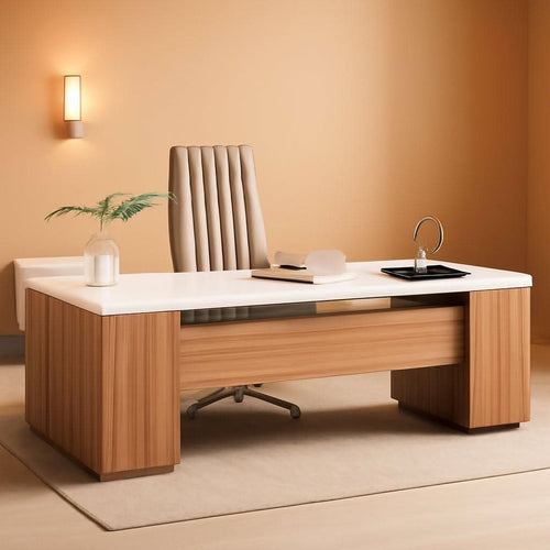85 Point 8 Inch L-Shaped Executive Desk White Walnut Storage Cabinet ShipItFurniture