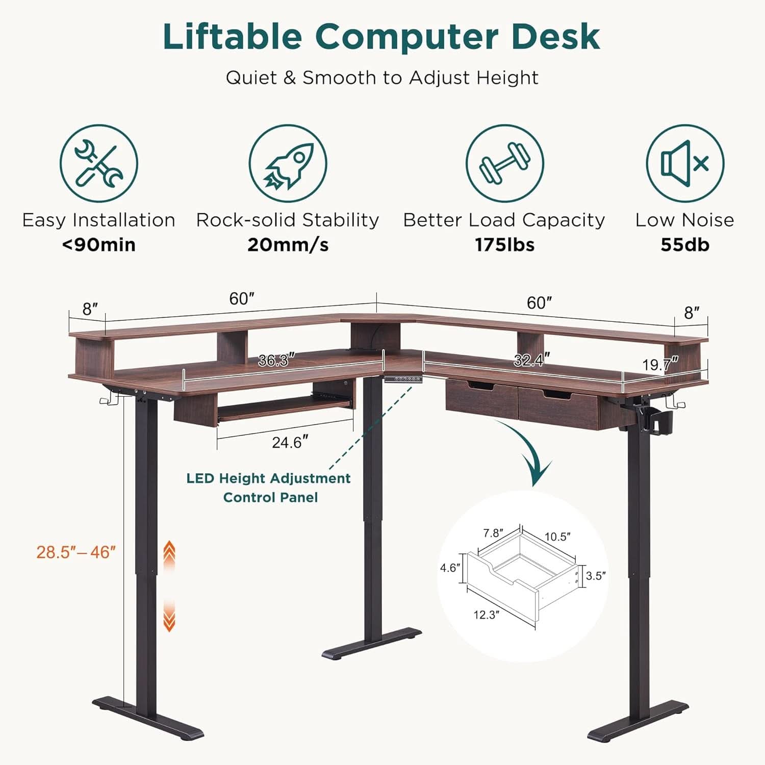 60 Inch Elevated Electric Standing Desk Dark Walnut ShipItFurniture