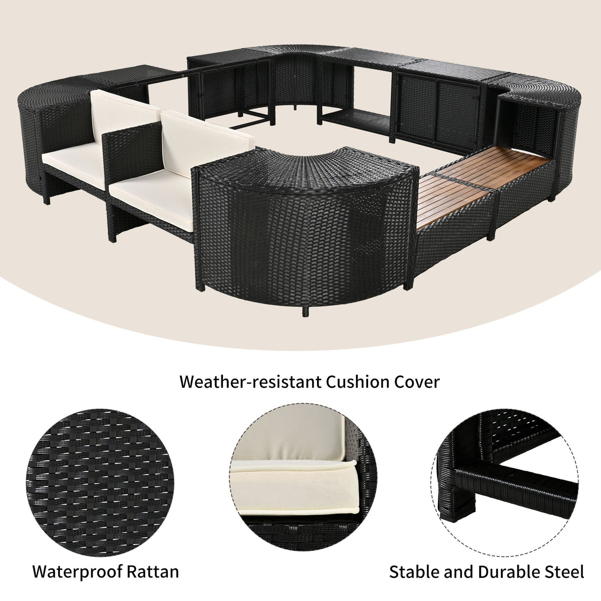 Spa Surround Spa Frame Quadrilateral Outdoor Rattan Sectional Sofa Set With Mini Sofa, Wooden Seats And Storage Spaces Unique Piece Furniture