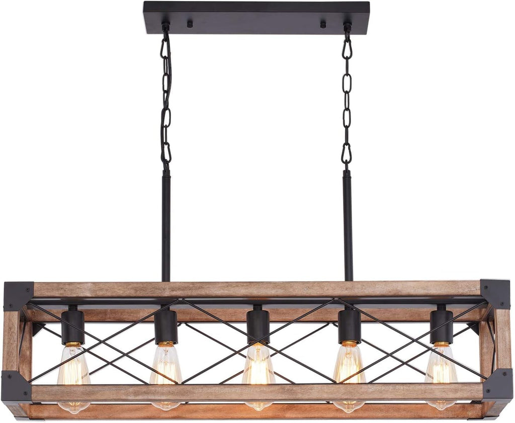 Farmhouse 5-Light Linear Chandelier with Solid Wood Farmhouse Decor
