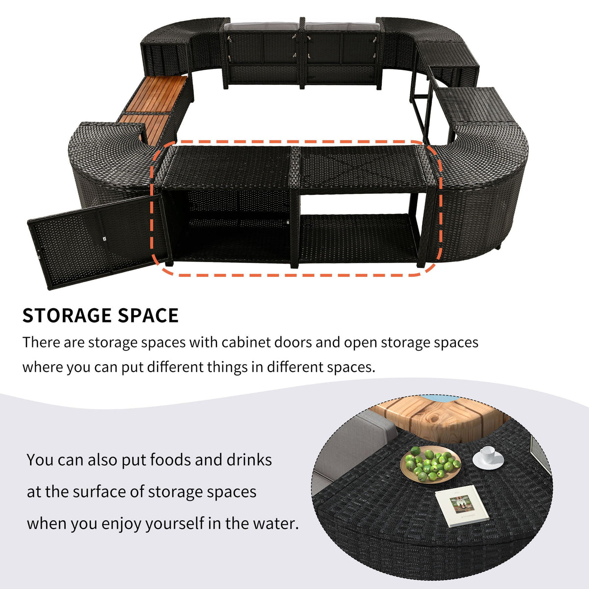 Spa Surround Spa Frame Quadrilateral Outdoor Rattan Sectional Sofa Set With Mini Sofa, Wooden Seats And Storage Spaces Unique Piece Furniture