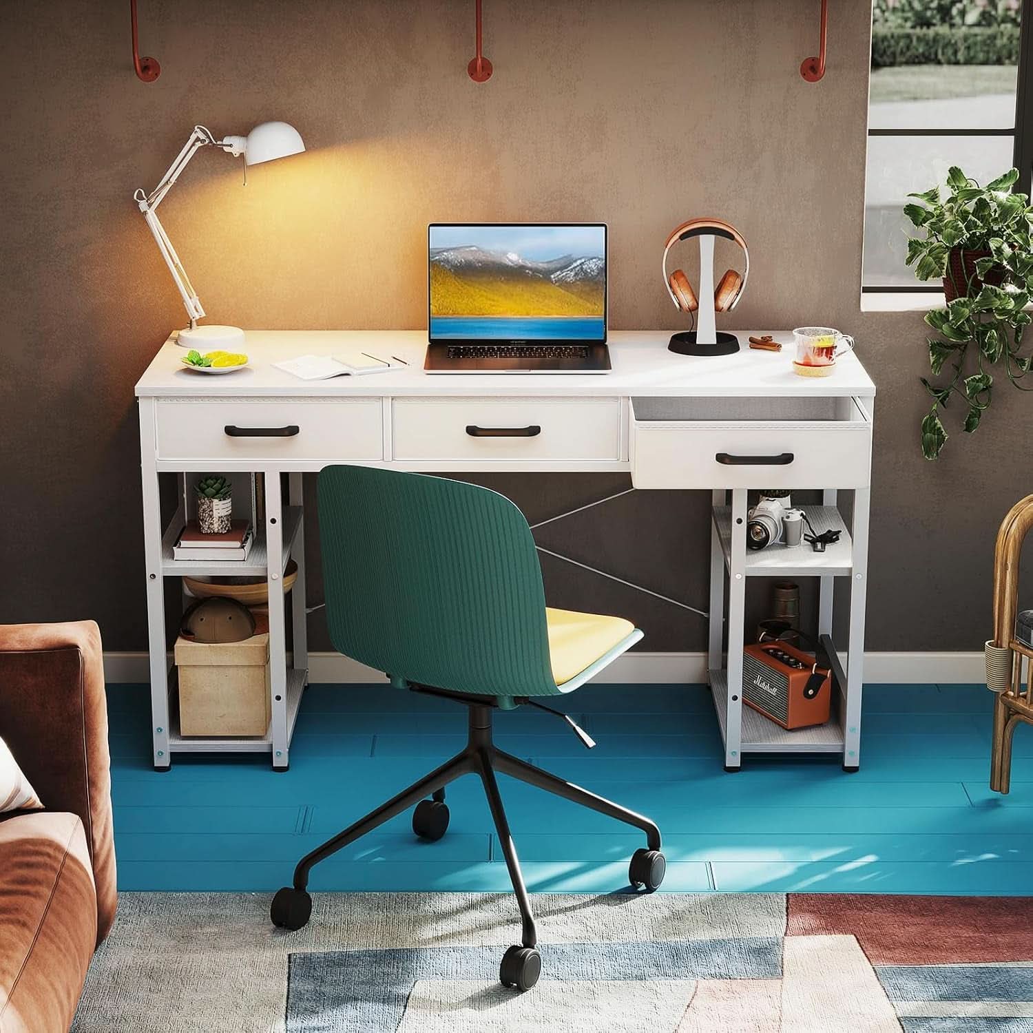 White 48 Inch Contemporary Premier Desk With Drawers ShipItFurniture
