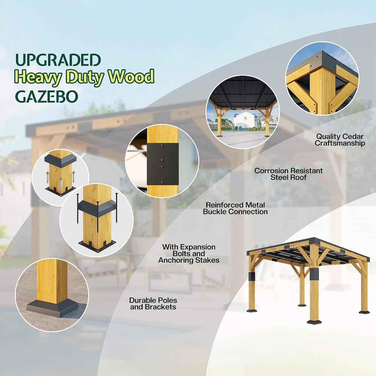 [10X12FT] Heavy-Duty Sloped Galvanized Steel Roof Cedar Wood Gazebo (SAK64831) SAKSBY WHOLESALE