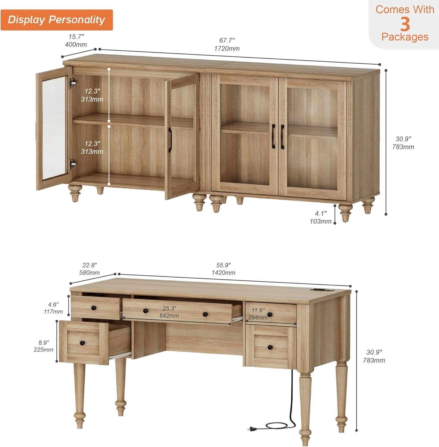 Distressed Oak Farmhouse Executive Desk Glass Cabinet ShipItFurniture