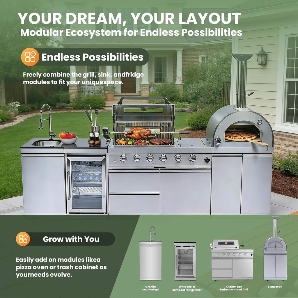 112-Inch 4-Burner 108K BTU Outdoor Kitchen Island With Pizza Oven, Rotisserie & Refrigerator (SAK94565) SAKSBY WHOLESALE