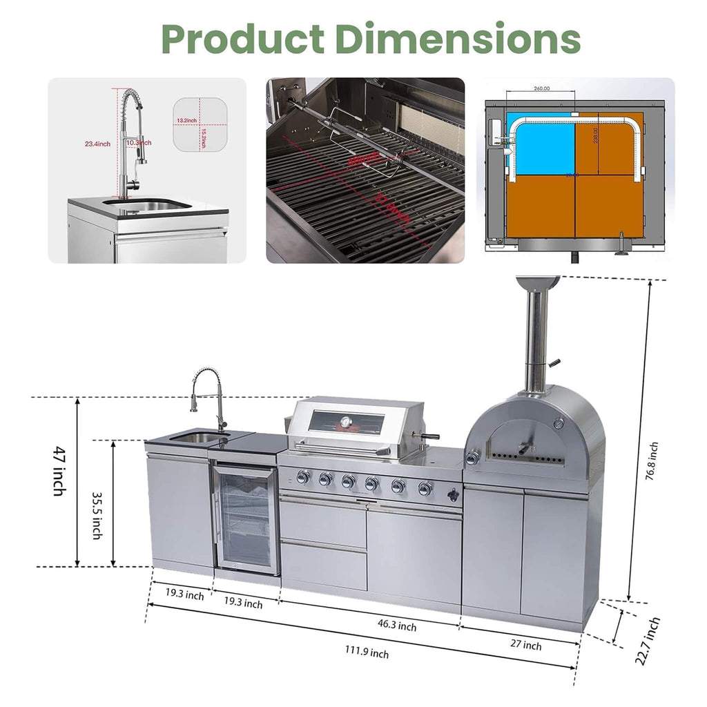 112-Inch 4-Burner 108K BTU Outdoor Kitchen Island With Pizza Oven, Rotisserie & Refrigerator (SAK94565) SAKSBY WHOLESALE