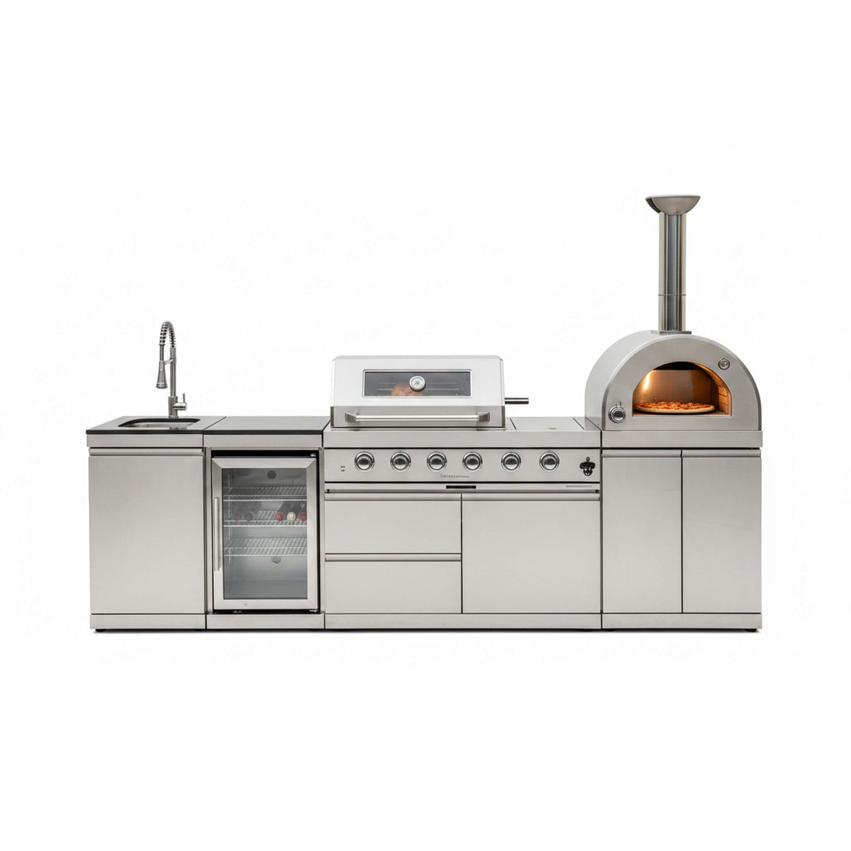 112-Inch 4-Burner 108K BTU Outdoor Kitchen Island With Pizza Oven, Rotisserie & Refrigerator (SAK94565) SAKSBY WHOLESALE