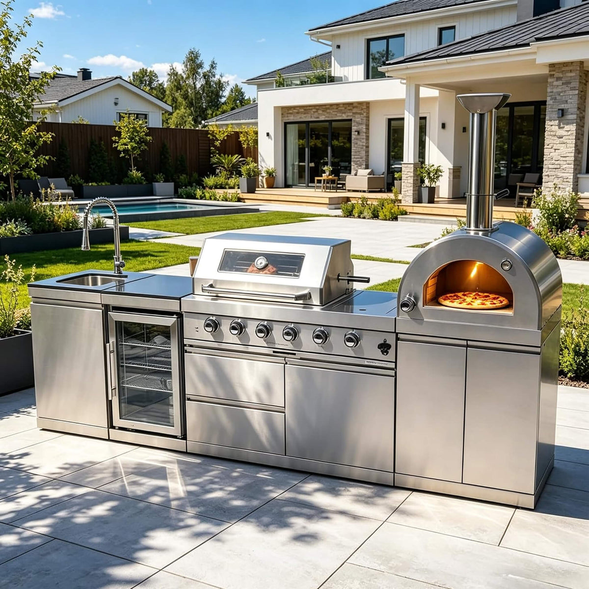112-Inch 4-Burner 108K BTU Outdoor Kitchen Island With Pizza Oven, Rotisserie & Refrigerator (SAK94565) SAKSBY WHOLESALE