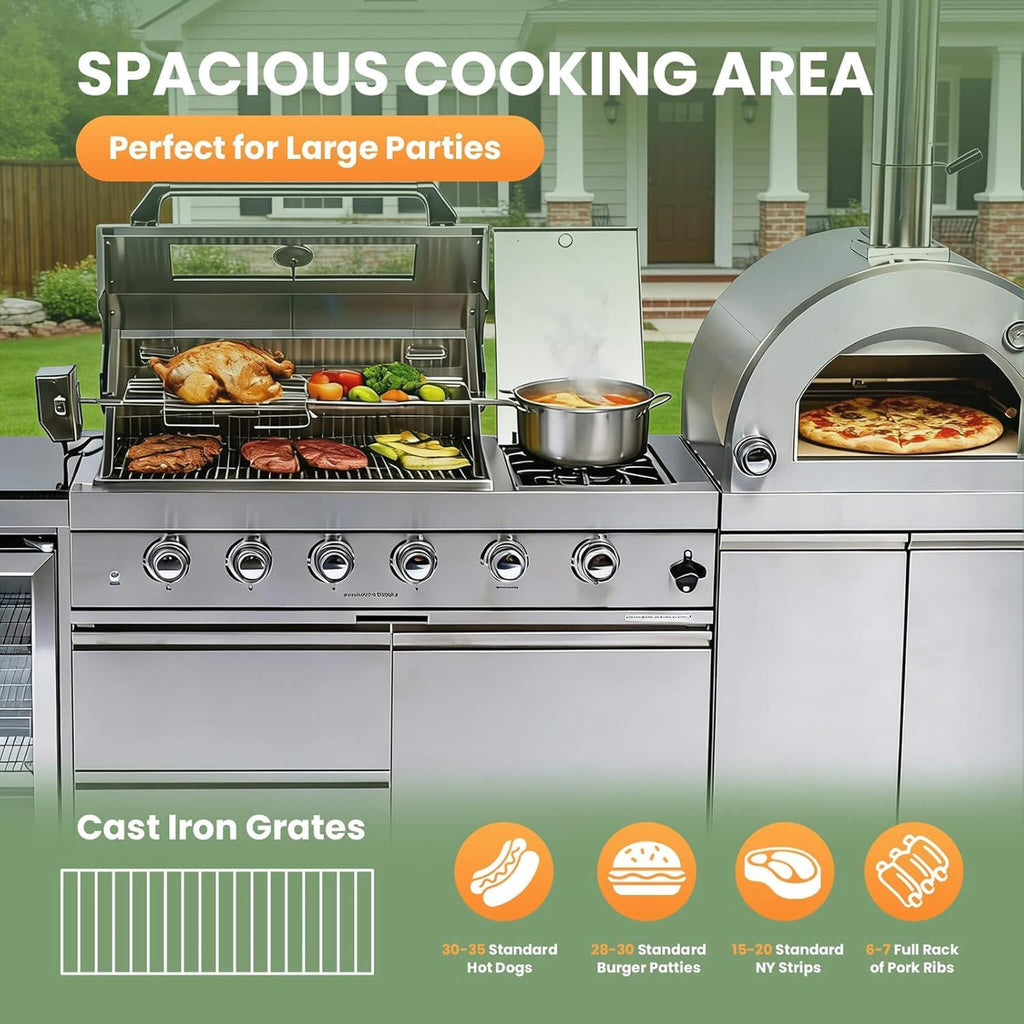 112-Inch 4-Burner 108K BTU Outdoor Kitchen Island With Pizza Oven, Rotisserie & Refrigerator (SAK94565) SAKSBY WHOLESALE