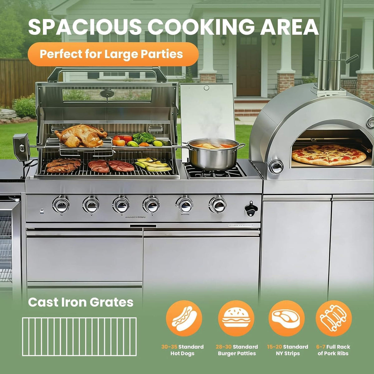 112-Inch 4-Burner 108K BTU Outdoor Kitchen Island With Pizza Oven, Rotisserie & Refrigerator (SAK94565) SAKSBY WHOLESALE