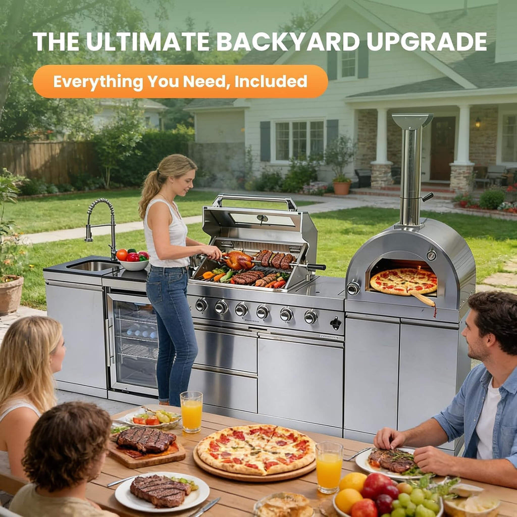 112-Inch 4-Burner 108K BTU Outdoor Kitchen Island With Pizza Oven, Rotisserie & Refrigerator (SAK94565) SAKSBY WHOLESALE