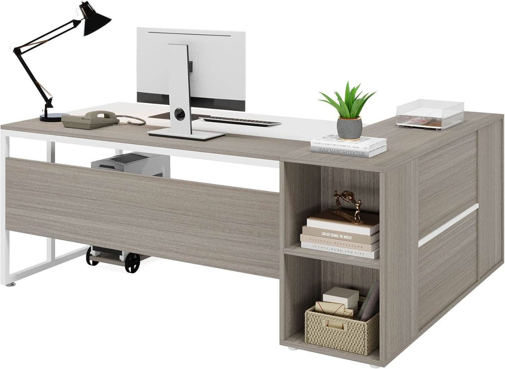 71 Inch Executive L Shaped Desk Cabinets Gray And White ShipItFurniture