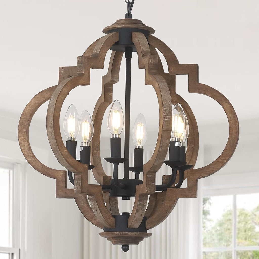 Chandelier Farmhouse 6-Light Rustic Wood Black Pendant Kitchen Island NIKKI CASA