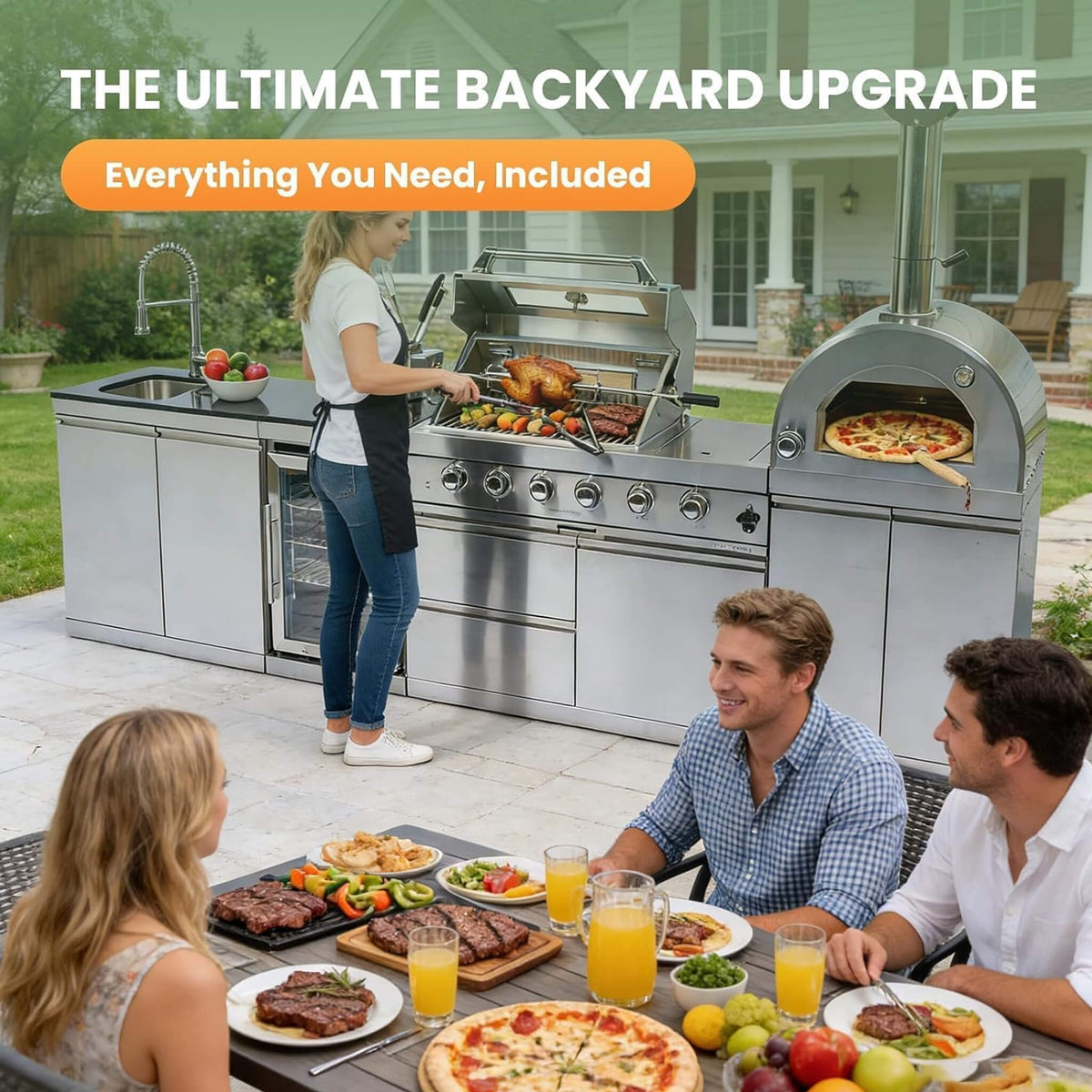 125-Inch 4-Burner 108K BTU Outdoor Kitchen Island With Pizza Oven, Rotisserie & Refrigerator (SAK55768) SAKSBY WHOLESALE