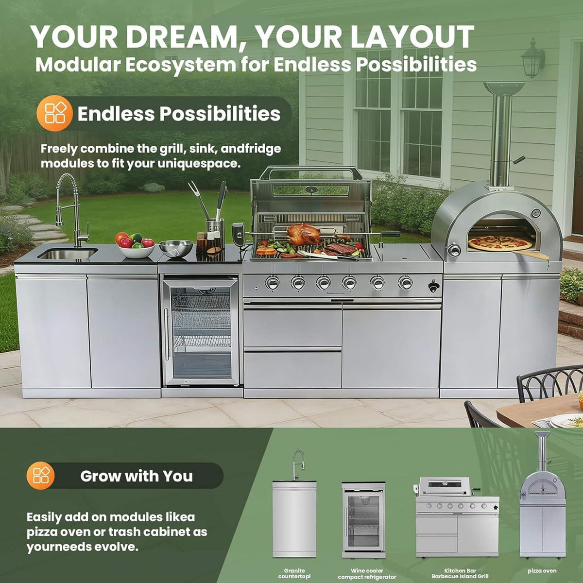 125-Inch 4-Burner 108K BTU Outdoor Kitchen Island With Pizza Oven, Rotisserie & Refrigerator (SAK55768) SAKSBY WHOLESALE
