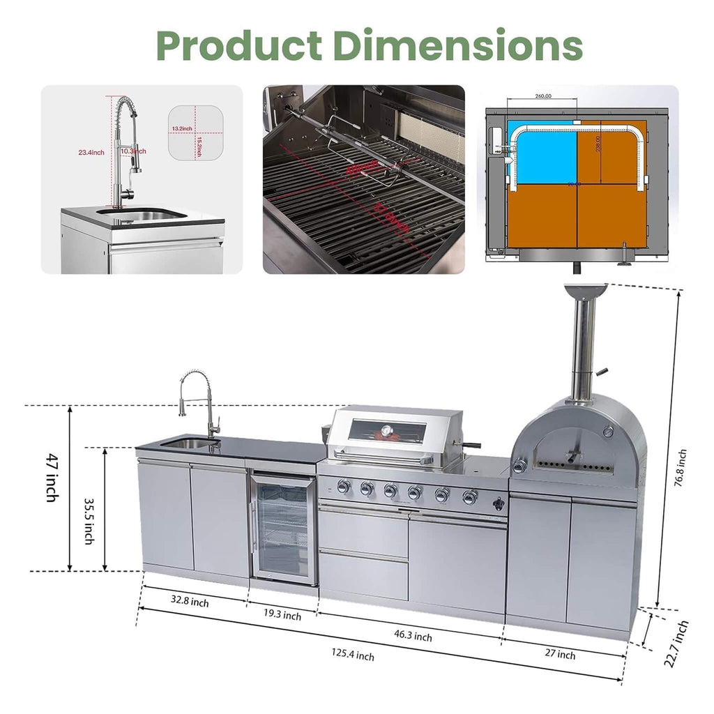 125-Inch 4-Burner 108K BTU Outdoor Kitchen Island With Pizza Oven, Rotisserie & Refrigerator (SAK55768) SAKSBY WHOLESALE