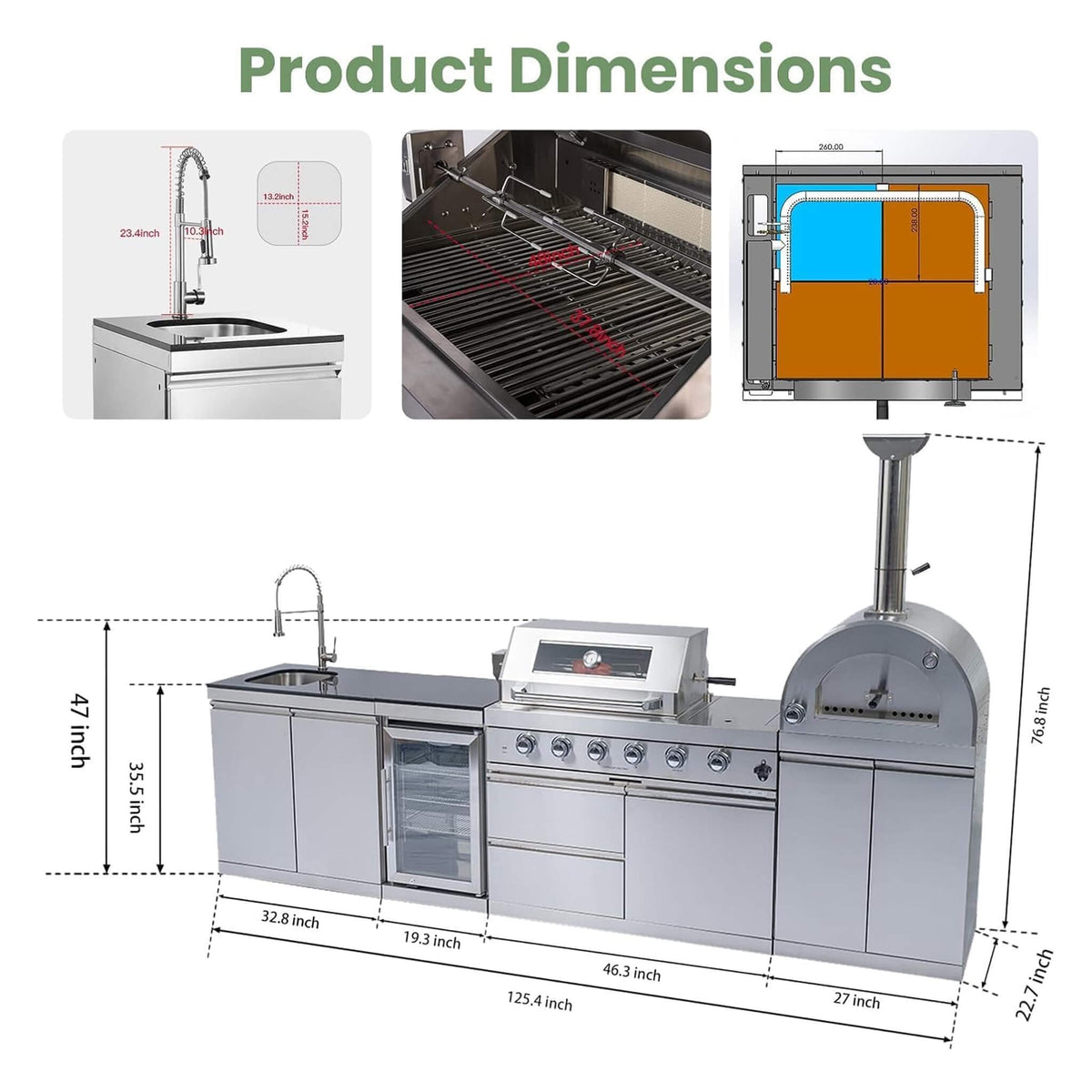 125-Inch 4-Burner 108K BTU Outdoor Kitchen Island With Pizza Oven, Rotisserie & Refrigerator (SAK55768) SAKSBY WHOLESALE