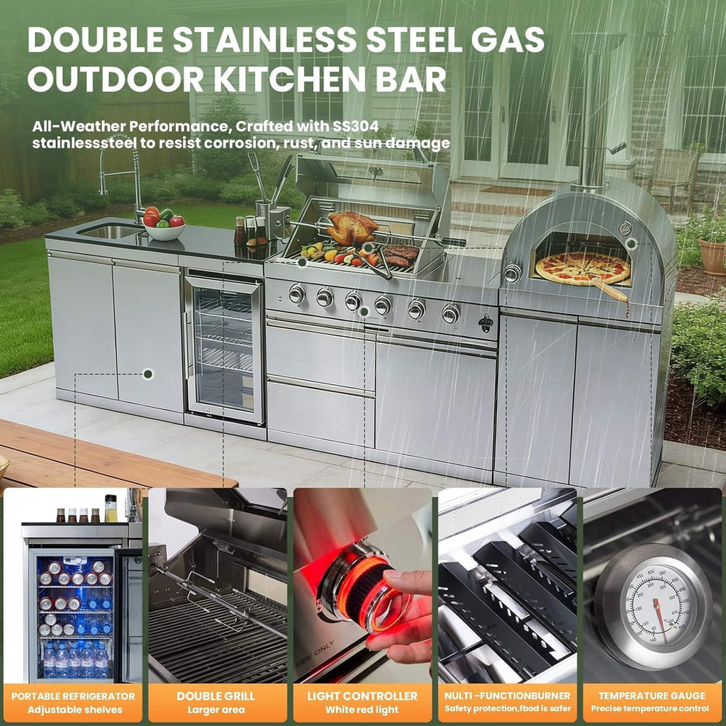 125-Inch 4-Burner 108K BTU Outdoor Kitchen Island With Pizza Oven, Rotisserie & Refrigerator (SAK55768) SAKSBY WHOLESALE