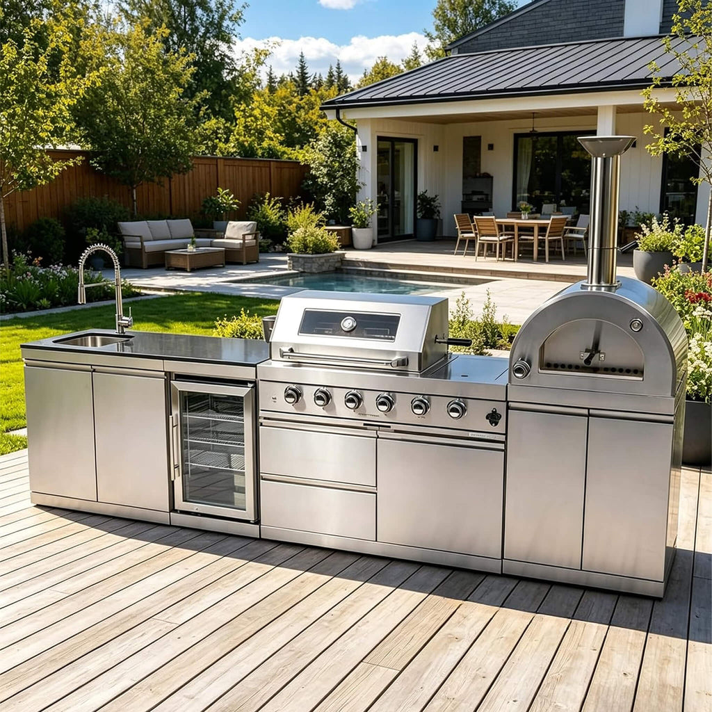 125-Inch 4-Burner 108K BTU Outdoor Kitchen Island With Pizza Oven, Rotisserie & Refrigerator (SAK55768) SAKSBY WHOLESALE