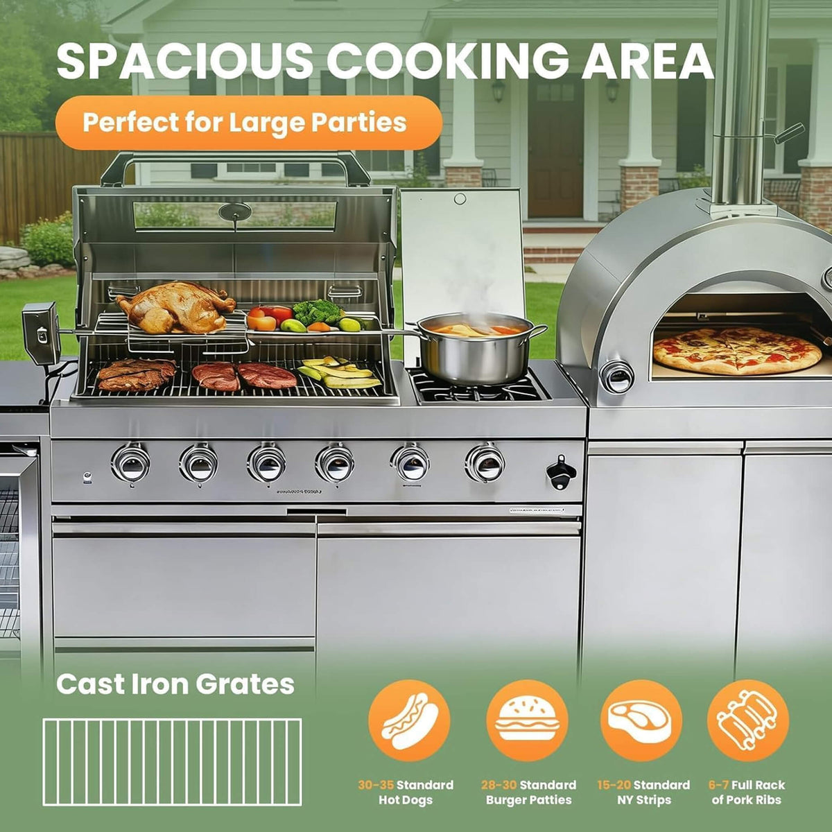 125-Inch 4-Burner 108K BTU Outdoor Kitchen Island With Pizza Oven, Rotisserie & Refrigerator (SAK55768) SAKSBY WHOLESALE