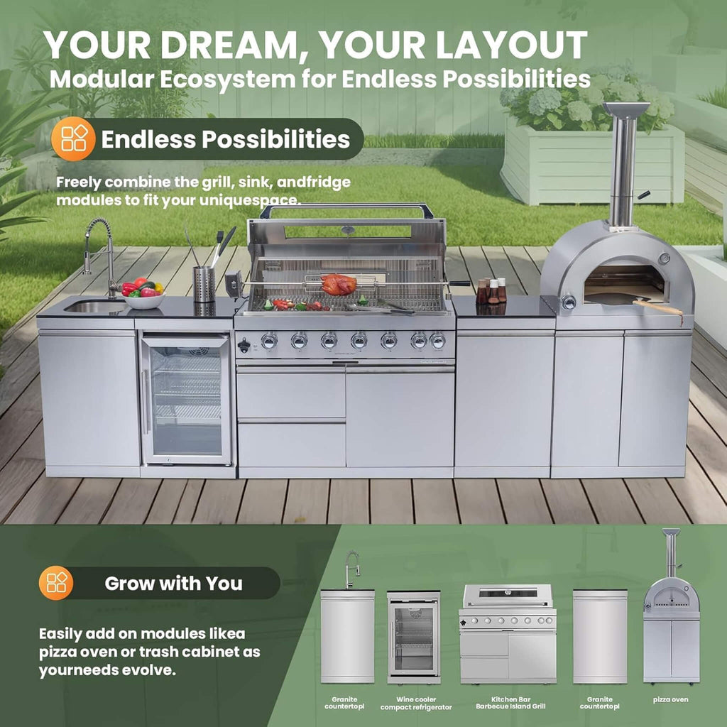 128-Inch 6-Burner 120K BTU Outdoor Kitchen Island With Pizza Oven, Rotisserie & Refrigerator (SAK75770) SAKSBY WHOLESALE