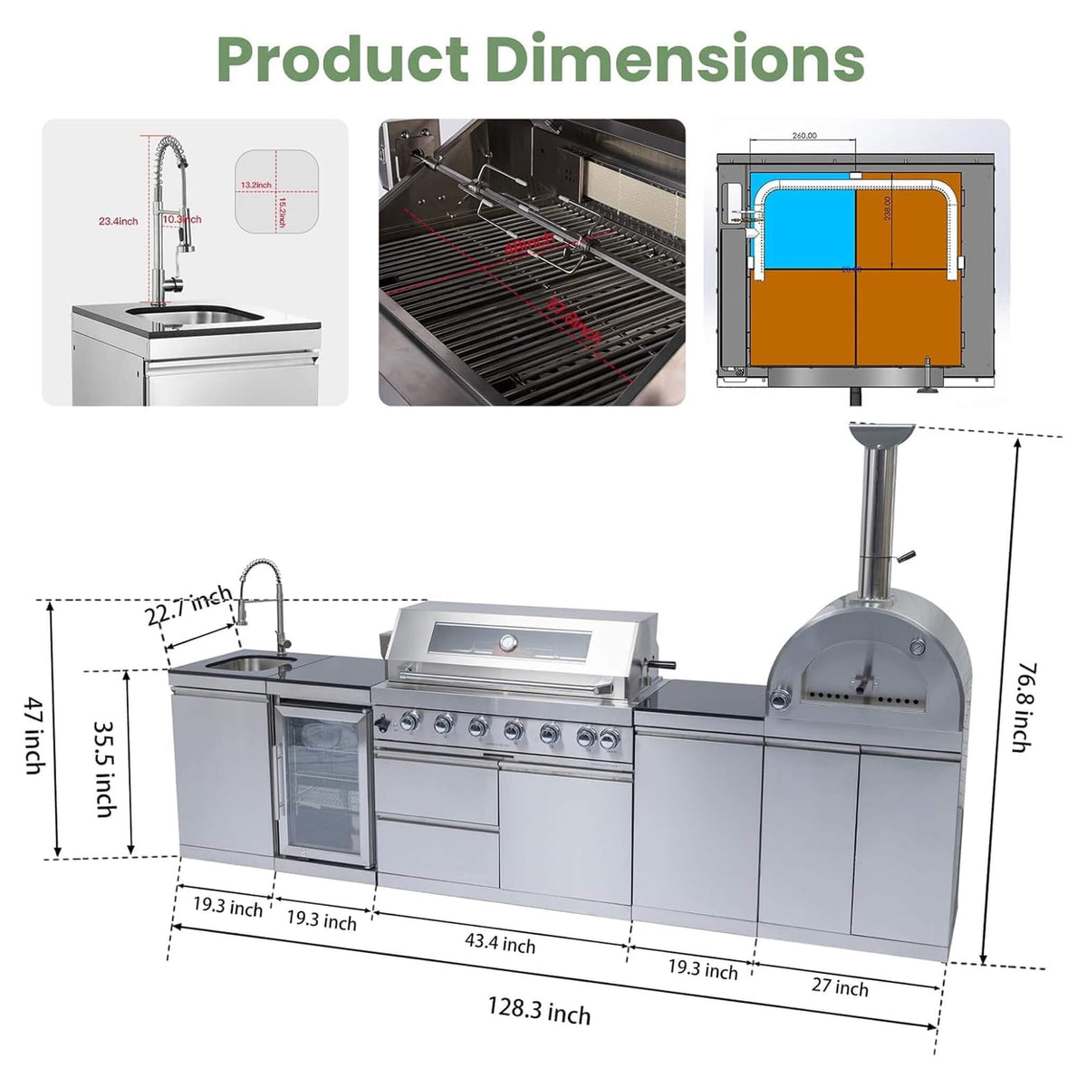 128-Inch 6-Burner 120K BTU Outdoor Kitchen Island With Pizza Oven, Rotisserie & Refrigerator (SAK75770) SAKSBY WHOLESALE