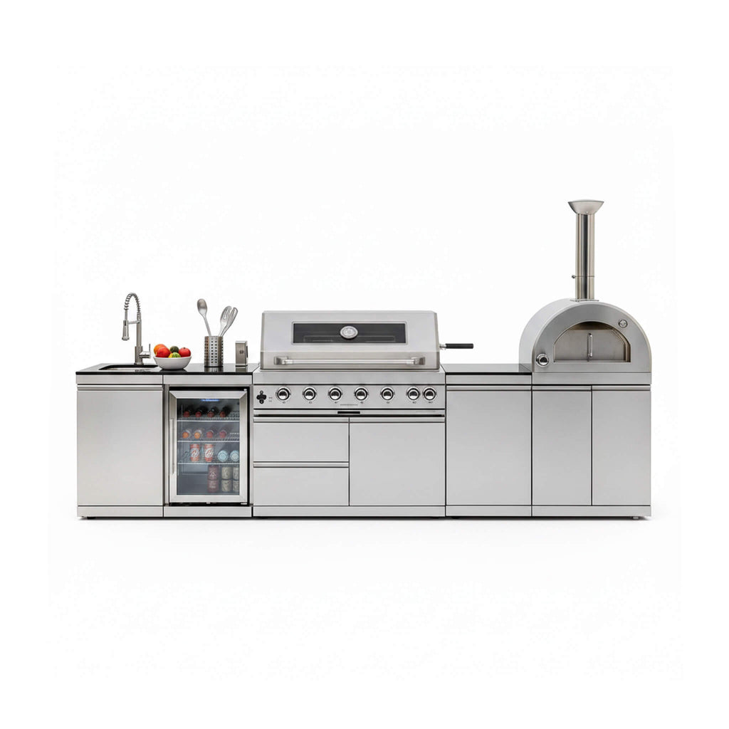 128-Inch 6-Burner 120K BTU Outdoor Kitchen Island With Pizza Oven, Rotisserie & Refrigerator (SAK75770) SAKSBY WHOLESALE