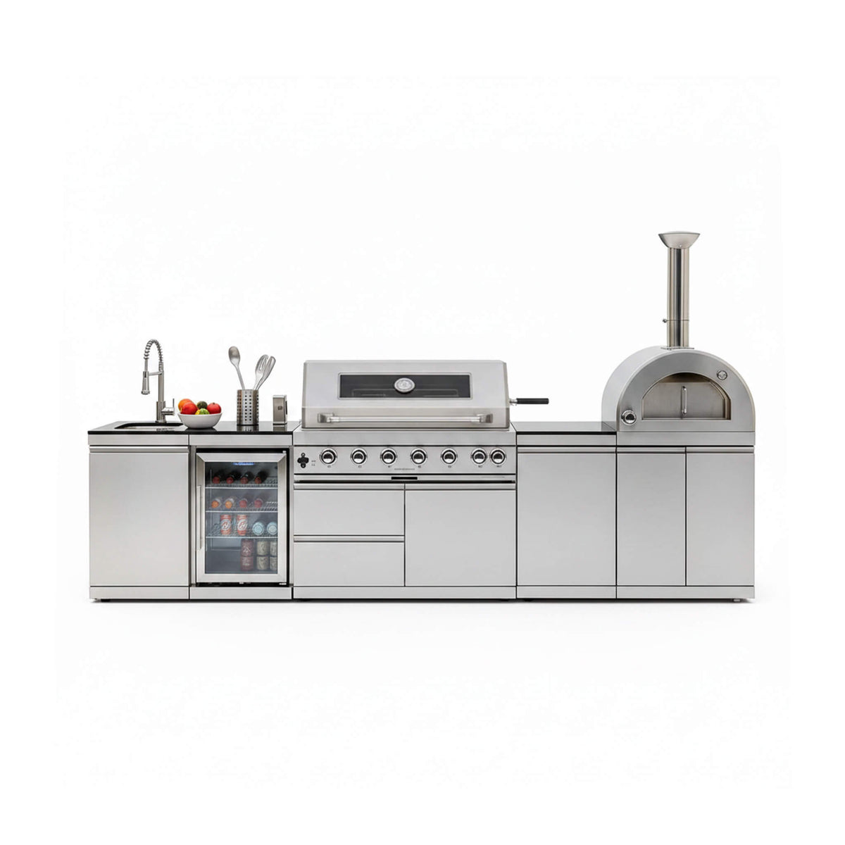 128-Inch 6-Burner 120K BTU Outdoor Kitchen Island With Pizza Oven, Rotisserie & Refrigerator (SAK75770) SAKSBY WHOLESALE