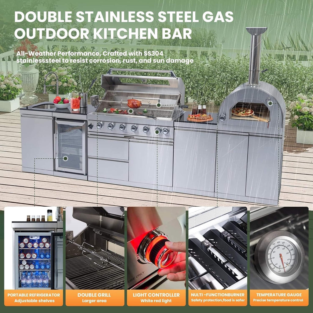 128-Inch 6-Burner 120K BTU Outdoor Kitchen Island With Pizza Oven, Rotisserie & Refrigerator (SAK75770) SAKSBY WHOLESALE