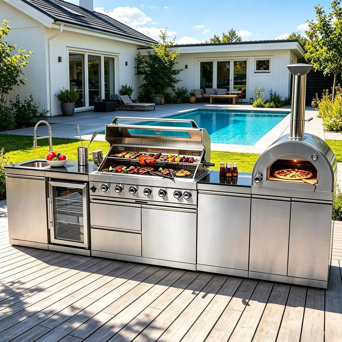 128-Inch 6-Burner 120K BTU Outdoor Kitchen Island With Pizza Oven, Rotisserie & Refrigerator (SAK75770) SAKSBY WHOLESALE