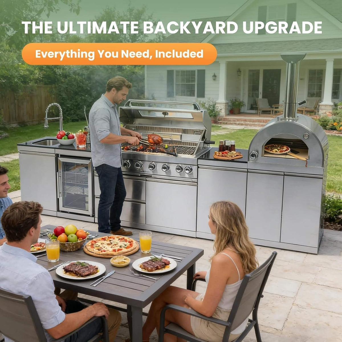 128-Inch 6-Burner 120K BTU Outdoor Kitchen Island With Pizza Oven, Rotisserie & Refrigerator (SAK75770) SAKSBY WHOLESALE