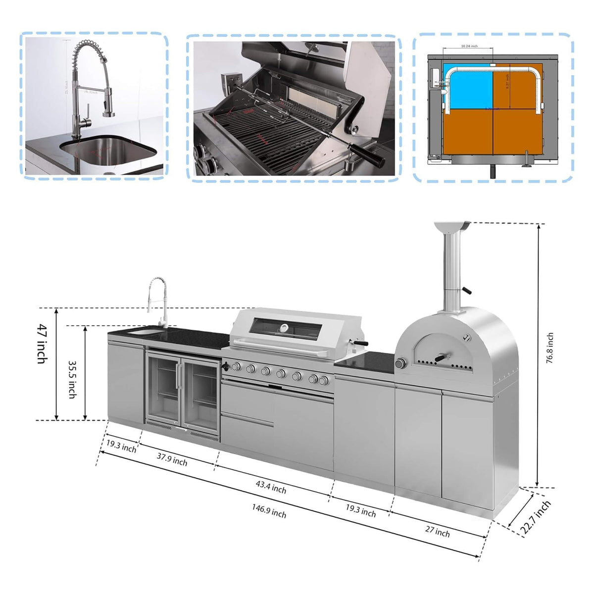 147-Inch 6-Burner 120K BTU Outdoor Kitchen Island With Pizza Oven, Rotisserie & Refrigerator (SAK96429) SAKSBY WHOLESALE