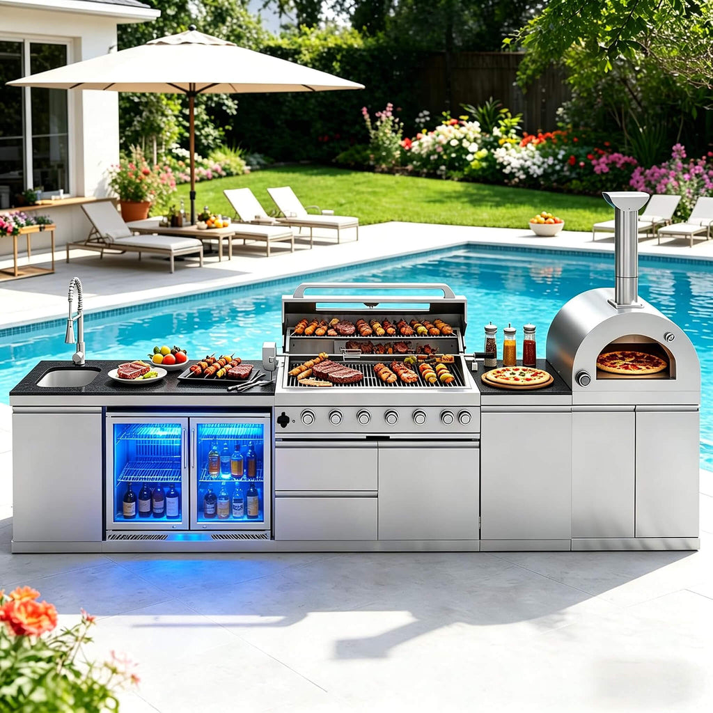 147-Inch 6-Burner 120K BTU Outdoor Kitchen Island With Pizza Oven, Rotisserie & Refrigerator (SAK96429) SAKSBY WHOLESALE