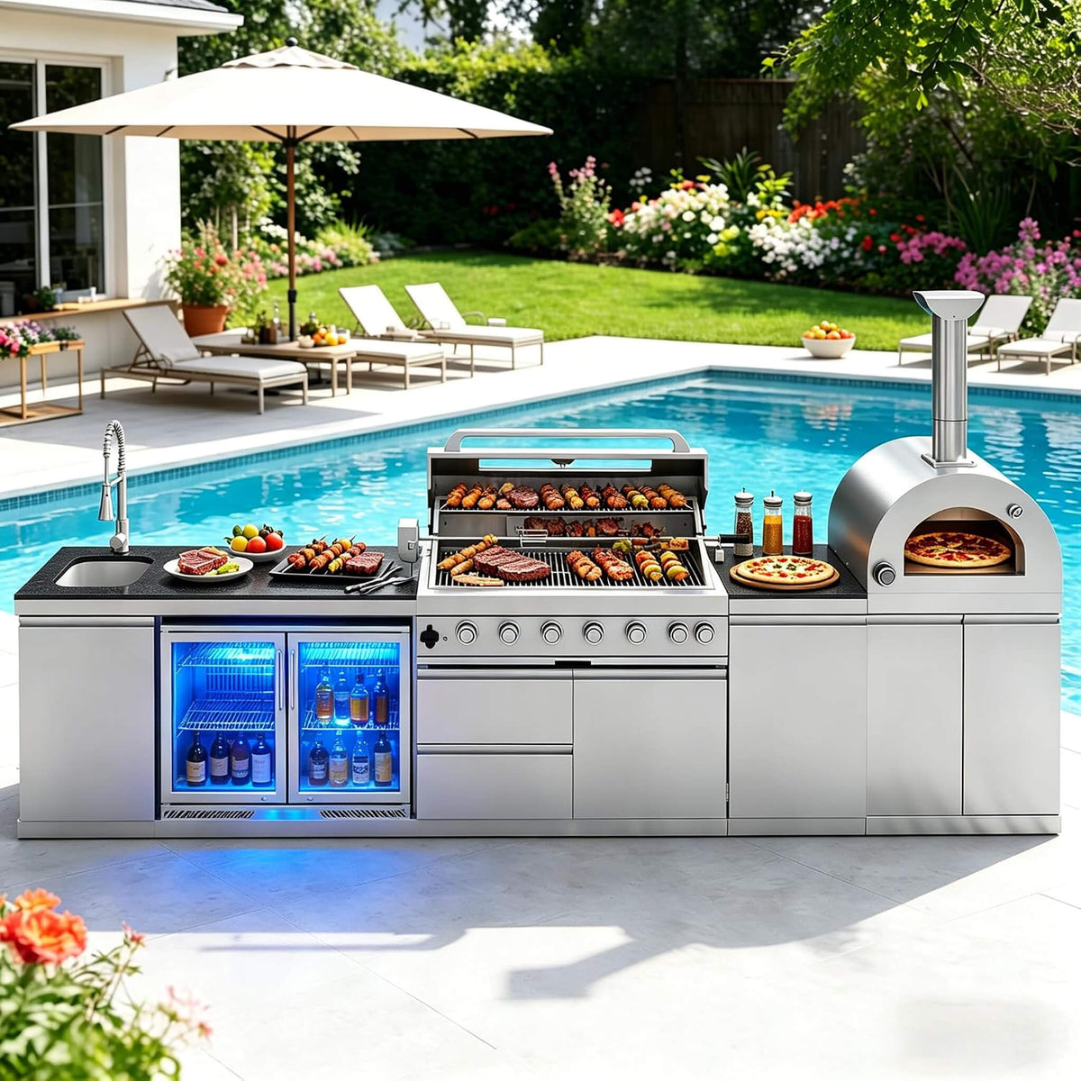 147-Inch 6-Burner 120K BTU Outdoor Kitchen Island With Pizza Oven, Rotisserie & Refrigerator (SAK96429) SAKSBY WHOLESALE