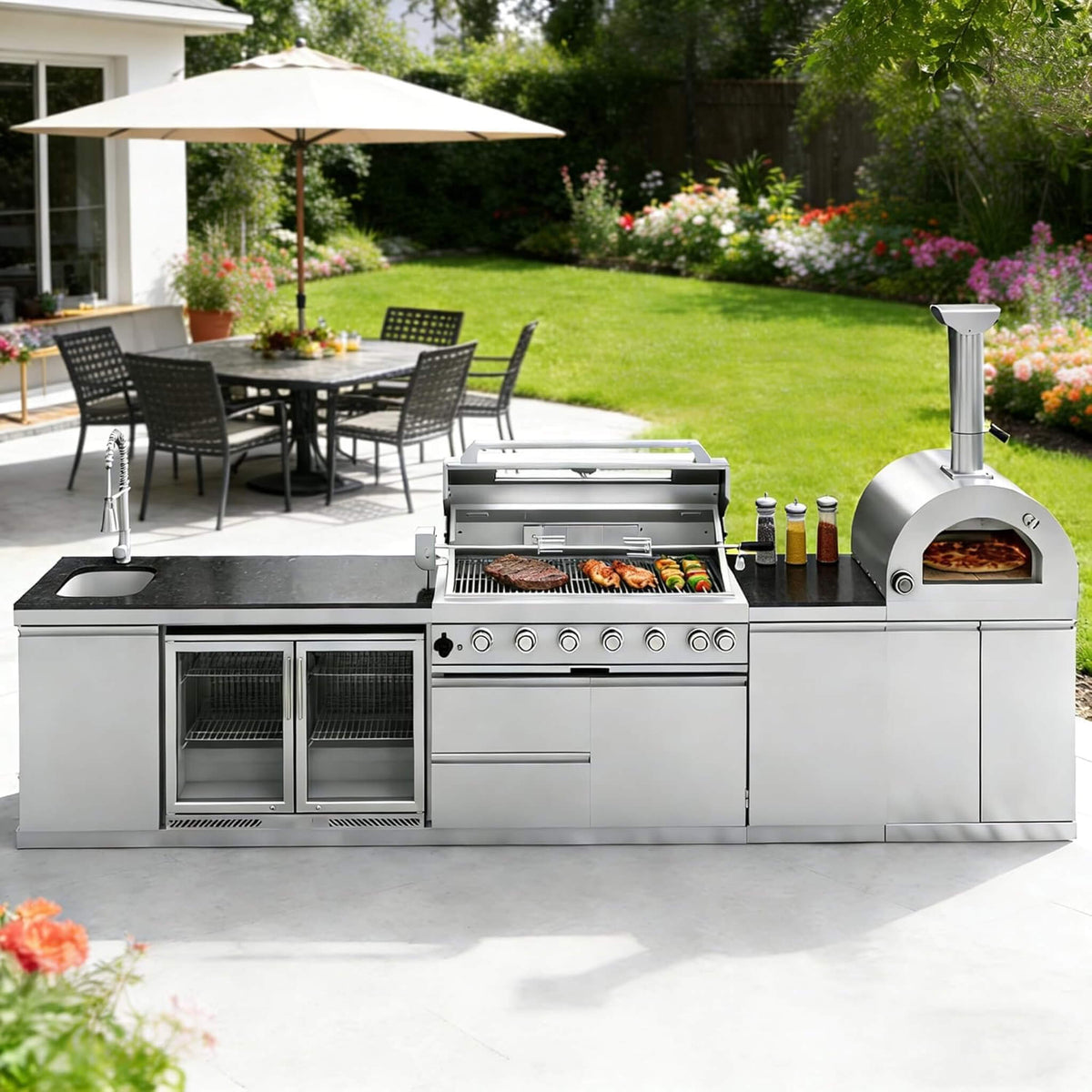 147-Inch 6-Burner 120K BTU Outdoor Kitchen Island With Pizza Oven, Rotisserie & Refrigerator (SAK96429) SAKSBY WHOLESALE