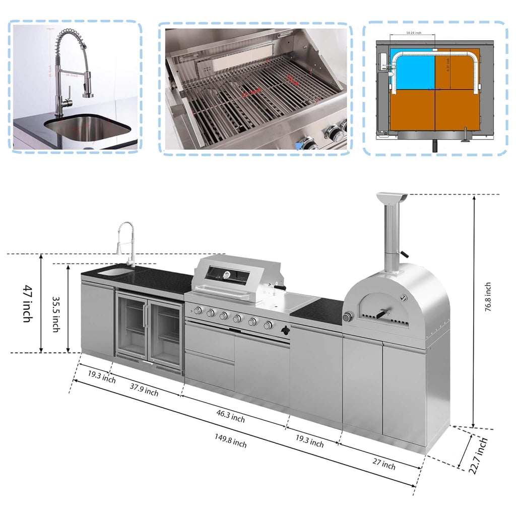 150-Inch 4-Burner 108K BTU Outdoor Kitchen Island With Pizza Oven, Rotisserie & Refrigerator (SAK36412) SAKSBY WHOLESALE