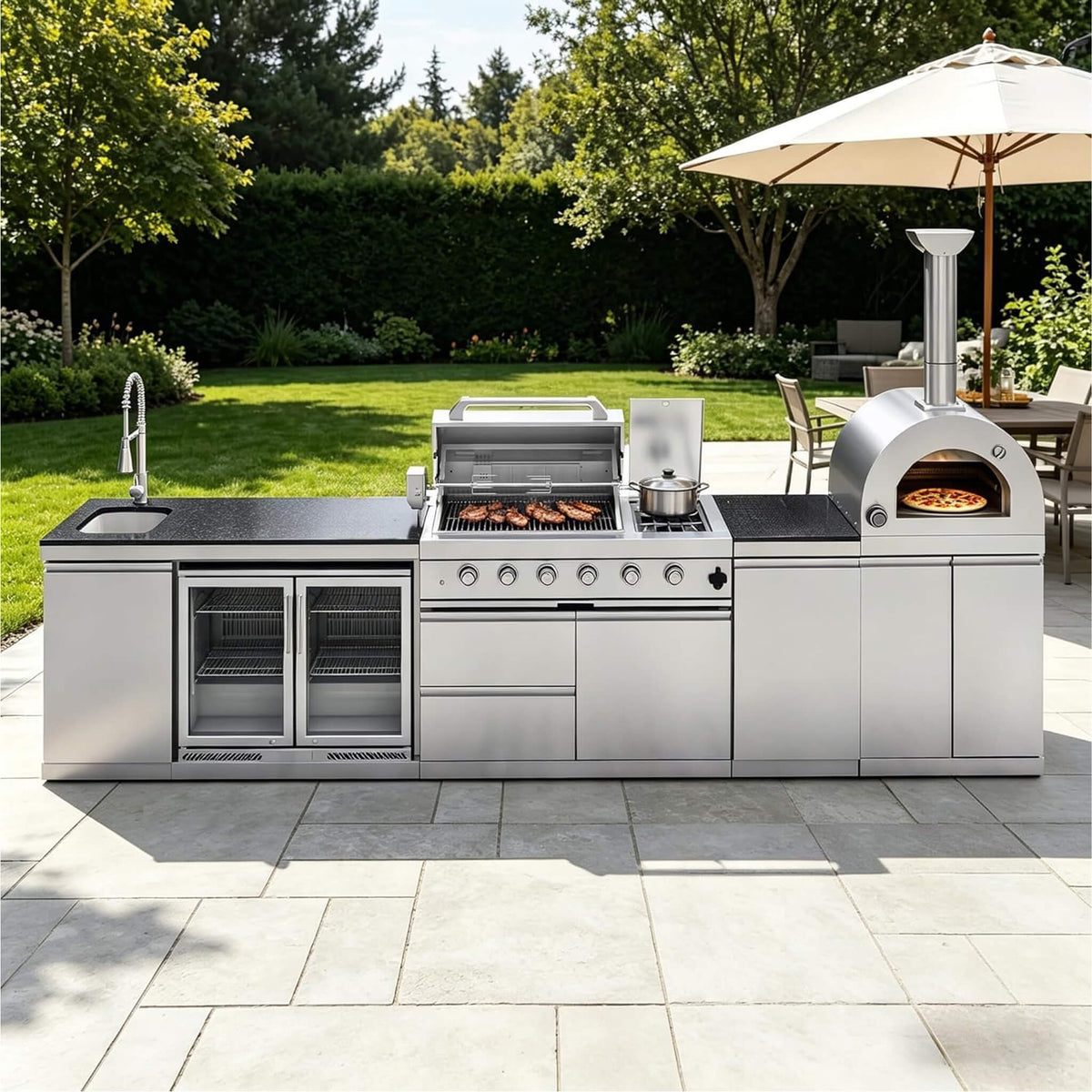 150-Inch 4-Burner 108K BTU Outdoor Kitchen Island With Pizza Oven, Rotisserie & Refrigerator (SAK36412) SAKSBY WHOLESALE