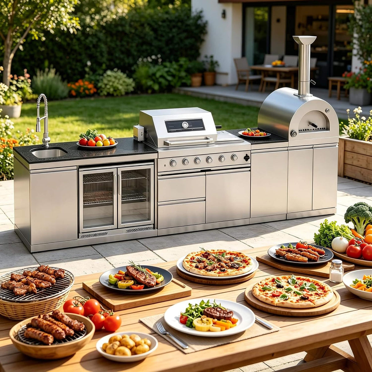 150-Inch 4-Burner 108K BTU Outdoor Kitchen Island With Pizza Oven, Rotisserie & Refrigerator (SAK36412) SAKSBY WHOLESALE