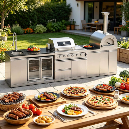 150-Inch 4-Burner 108K BTU Outdoor Kitchen Island With Pizza Oven, Rotisserie & Refrigerator (SAK36412) SAKSBY WHOLESALE