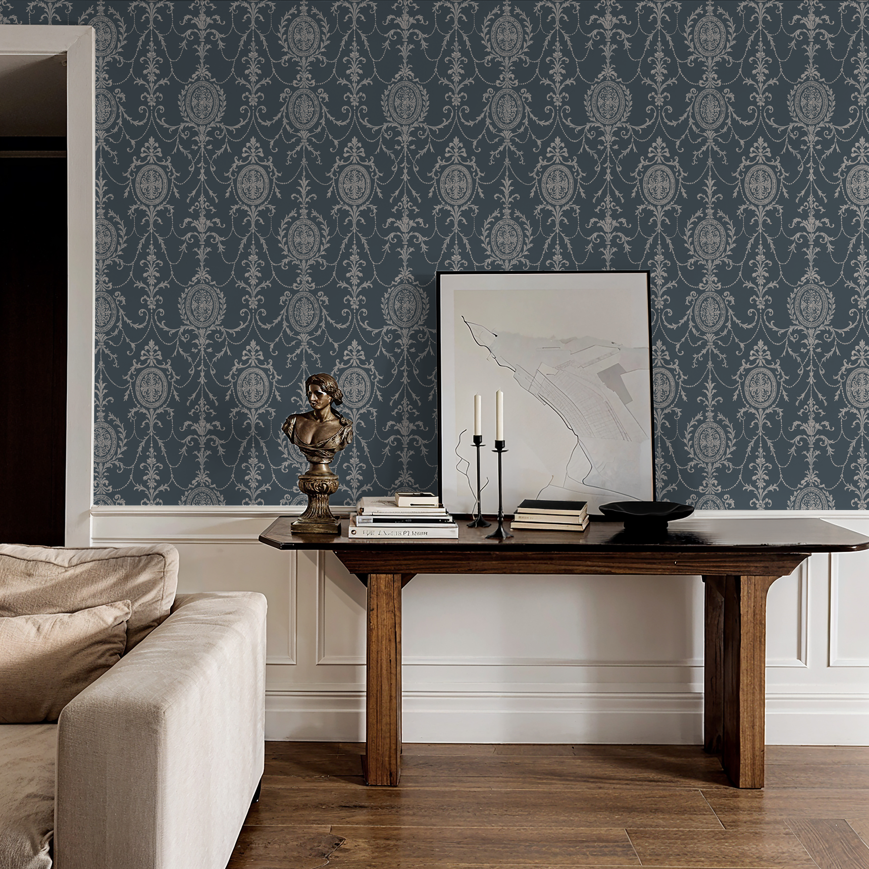 State Room Scroll (Blue) Wallpaper WALL BLUSH