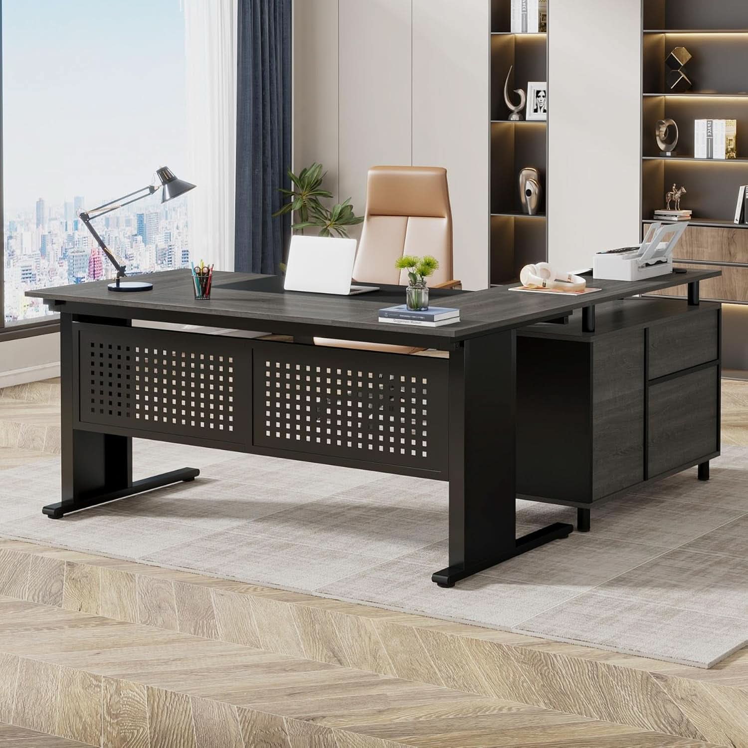 63 Inch Executive Desk With Integrated Cabinet Gray ShipItFurniture