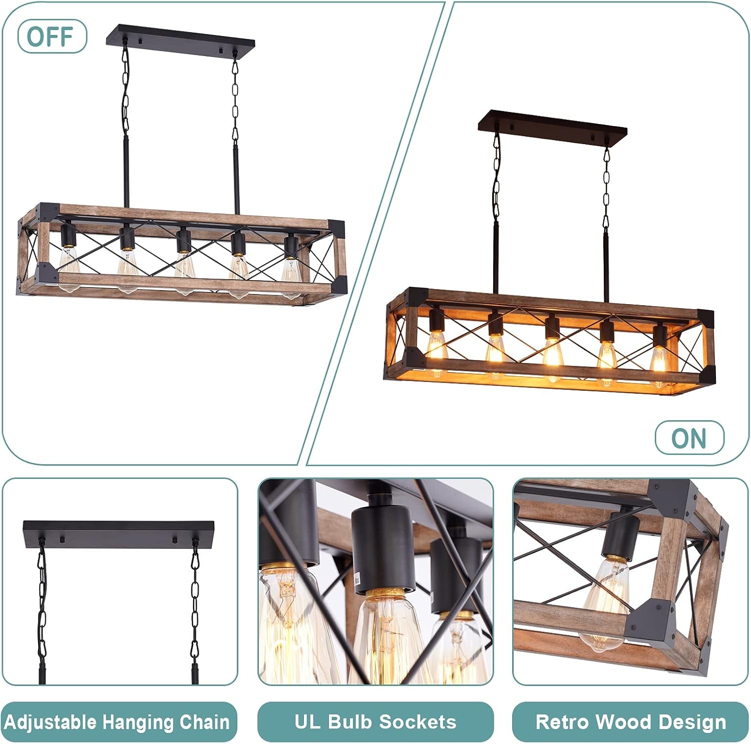 5 Lights Farmhouse Wood Linear Chandelier Farmhouse Decor