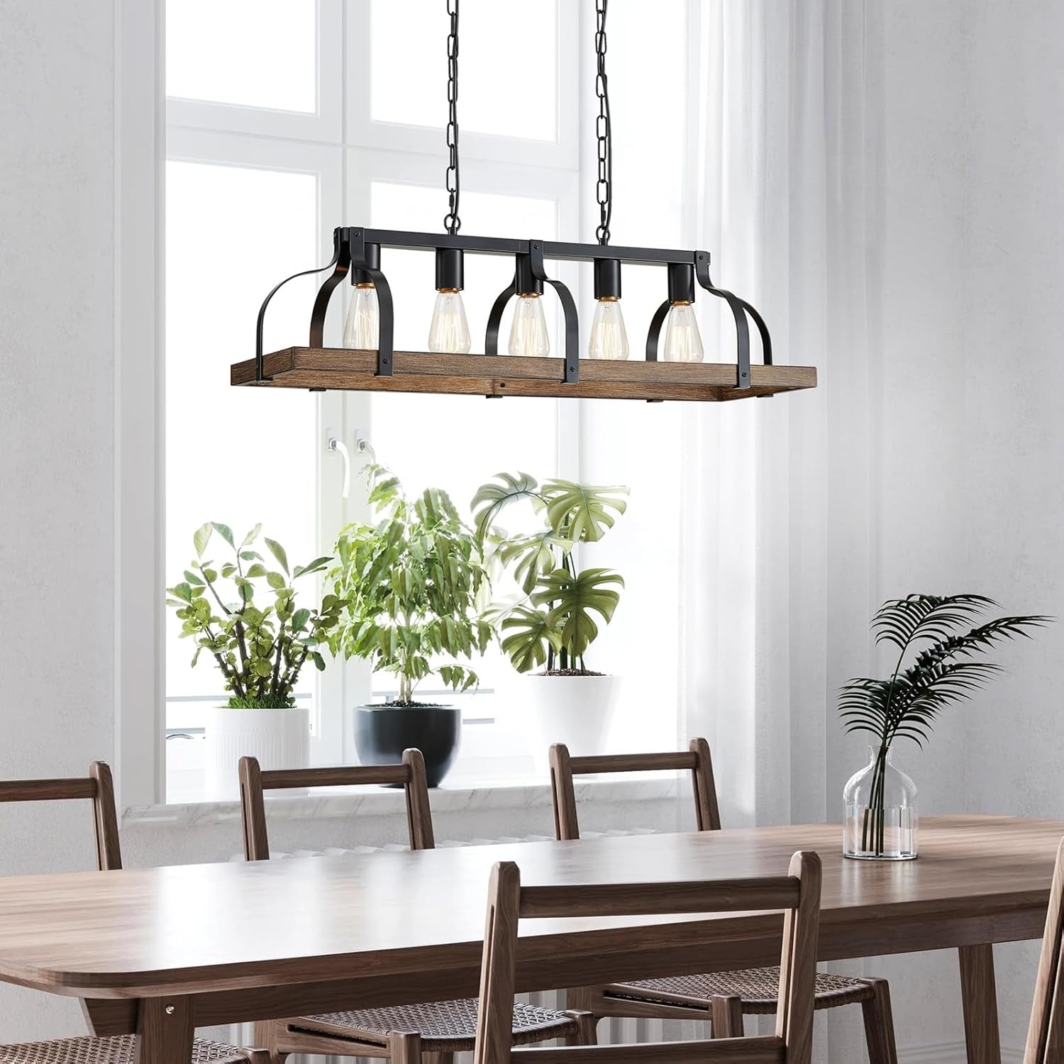5-Light Metal Linear Chandelier Imitation Wood Grain Farmhouse Decor